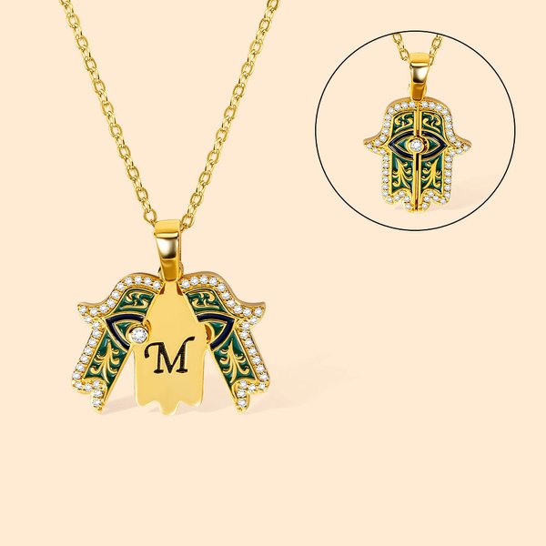 Personalised Exquisite Hand of Fatima Evil Eye Jewellery Hamsa Necklace with Engraved Initial Amulet for Protection Gift for Women