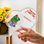 Personalized The Day I Met You Cozy Bed Design Heart Acrylic Plaque with Name and Characters Valentine's Day Anniversary Gift for Couple