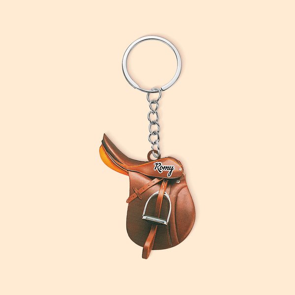 Gepersonaliseerde dubbelzijdige paard zadel platte acryl sleutelhanger met naam ruiters paardrijden Gift voor paardenliefhebber