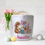 Personalizada La caza ha comenzado Conejito de camuflaje Cazador de huevos Bolsa de lona para golosinas con nombre Regalo de Pascua de gran capacidad 