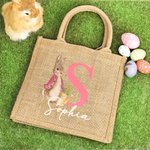 Gepersonaliseerde Peter Rabbit Bunny Jute boodschappentas met initialen en naam Paaseierenjachtmand Vakantiecadeau voor kinderen