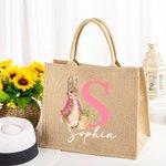 Gepersonaliseerde Peter Rabbit Bunny Jute boodschappentas met initialen en naam Paaseierenjachtmand Vakantiecadeau voor kinderen