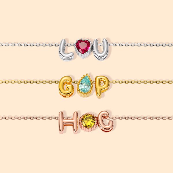 Personligt 3D Bubble Letter Balloon Initialhalsband med födelsesten Mors dag Födelsedag Brudtärna Alla hjärtans dag Present till henne