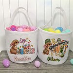 Personalizada La caza ha comenzado Conejito de camuflaje Cazador de huevos Bolsa de lona para golosinas con nombre Regalo de Pascua de gran capacidad 