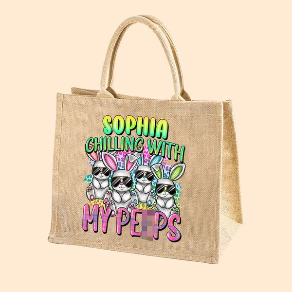 Sac à Main en Jute Personnalisé avec Nom Sac de Grande Capacité à Motif Lapin Cadeau Anniversaire Pâques pour Enfant Femme