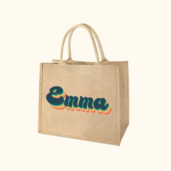 Sac à Main Personnalisé avec Nom Coloré à Police de Style Rétro Sac Tote en Jute Cadeau d'Anniversaire Voyage pour Femme