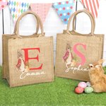 Gepersonaliseerde Peter Rabbit Bunny Jute boodschappentas met initialen en naam Paaseierenjachtmand Vakantiecadeau voor kinderen