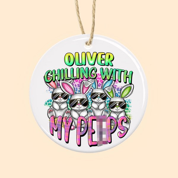 Personalised Cool Bunny Ceramic Hanging Tag with Gradient Name Easter Basket Decoration Gift for Kids