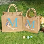 Gepersonaliseerde Peter Rabbit Bunny Jute boodschappentas met initialen en naam Paaseierenjachtmand Vakantiecadeau voor kinderen