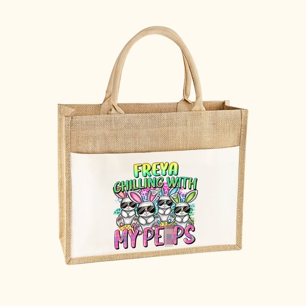 Sac en toile de jute personnalisé avec nom en couleur dégradée Cadeau de Pâques pour la famille et les amis