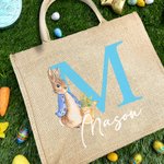 Gepersonaliseerde Peter Rabbit Bunny Jute boodschappentas met initialen en naam Paaseierenjachtmand Vakantiecadeau voor kinderen