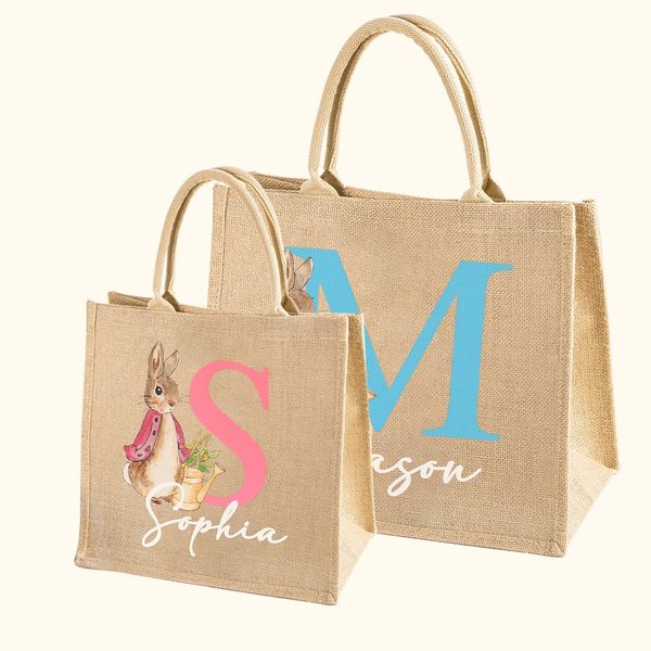 Conejito Peter personalizado Bolsa de yute con inicial y nombre Cesta de la búsqueda del huevo de Pascua Regalo de vacaciones para niños