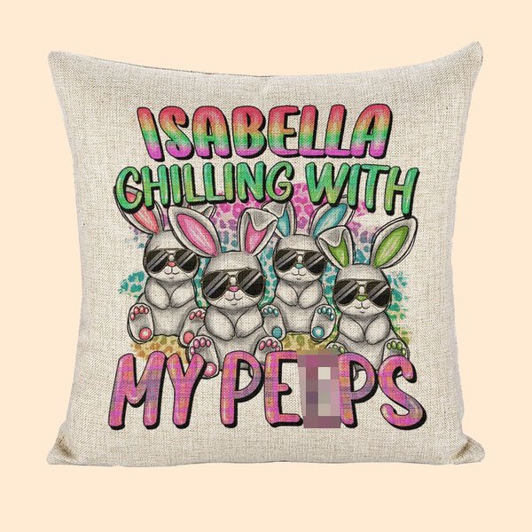 Personalised Chilling With My Cool Bunnies Throw Pillow Cover with Gradient Letters Holiday Decoration Easter Birthday Gift for Family Friend Kid