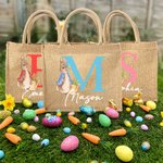 Gepersonaliseerde Peter Rabbit Bunny Jute boodschappentas met initialen en naam Paaseierenjachtmand Vakantiecadeau voor kinderen