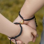 Personalized Heart-Shaped Magnetic Matching Adjustable Braided Bracelet with Engraved Initials Set of 2 Birthday Valentine's Day Gift for Couple
