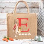Gepersonaliseerde Peter Rabbit Bunny Jute boodschappentas met initialen en naam Paaseierenjachtmand Vakantiecadeau voor kinderen