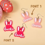 Personalized Cute Bunny Ears Acrylic Dangle Earrings with Fashion Curved Font Style Name Birthday Easter Day Gift for Women Little Girls