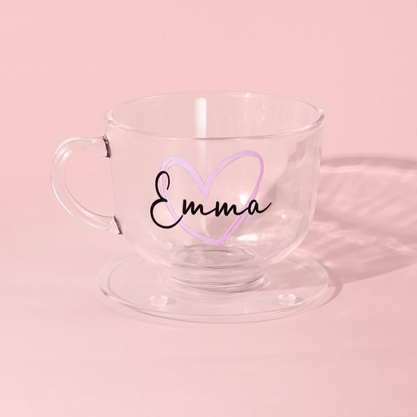 Personalised Love 16oz Glass Coffee Cup Set with Coaster and Name Birthday Housewarming Gift for Women