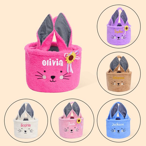 Personalized Cute Plush Bunny Easter Basket with Name Easter Egg Hunting Gift for Kids