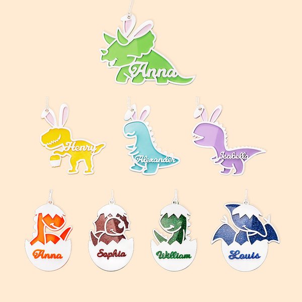 Personalised 3D Dinosaur Glitter Acrylic Easter Basket Tag with Lanyard and Name Multicolour Holiday Decoration Gift for Kids Dinosaur Lovers