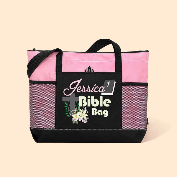 Sac à Fermeture Éclair Personnalisé avec Nom avec Croix Biblique et Fleurs d'Église Cadeau Religieux pour les Chrétiens