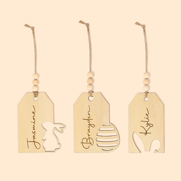 Étiquette de Panier Personnalisée avec Nom Gravé Décoration en Bois Rustique Cadeau de Vacance Pâques pour Famille Enfant