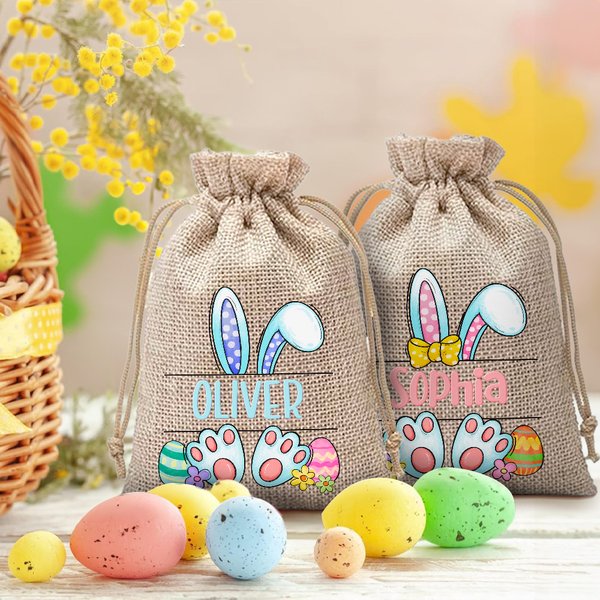Gepersonaliseerde schattige konijn eieren Pasen Burlap Drawstring Treat Bag met naam Gelukkig Pasen Gift voor jongens meisjes