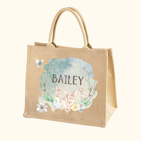 Gepersonaliseerde aquarel Bunny Jute boodschappentas met naam Grote capaciteit Pasen Verjaardagscadeau voor kinderen