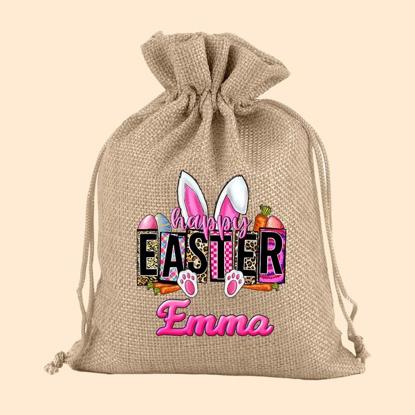 Sac à Cordon Personnalisé avec Nom Motif Oeufs de Pâques Oreilles de Lapin Cadeau pour Enfant
