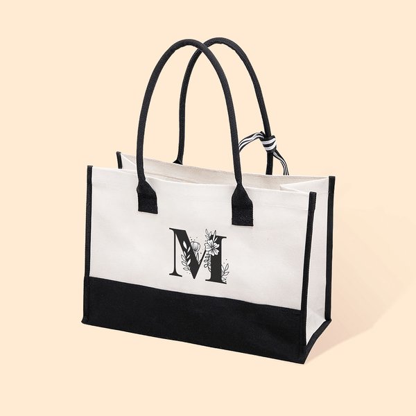 Personalizzato Fiore Lettera Design Canvas Tote Bag con iniziale Matrimonio Compleanno Spiaggia Regalo per le donne