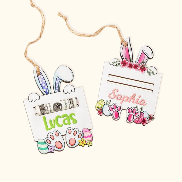 Cesta de Pascua de Madera Personalizada Etiqueta Conejito Porta Dinero con Nombre Regalo de Pascua para Niños