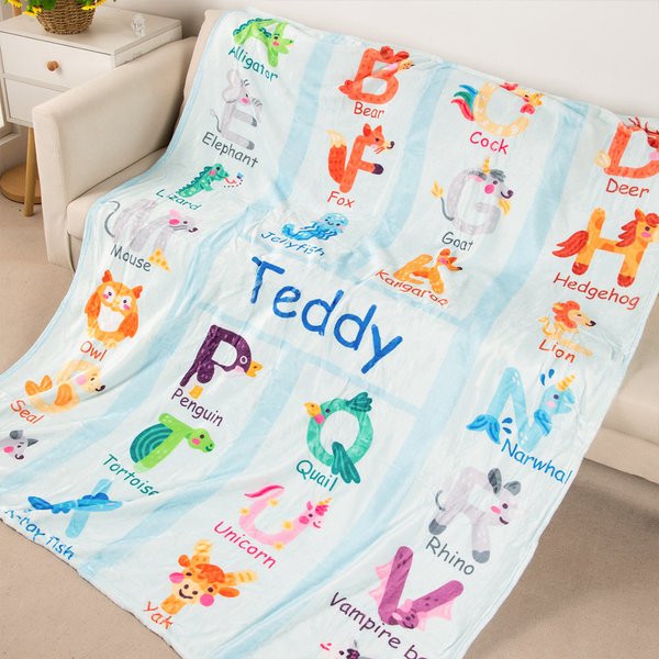 Personalised  Zoo Alphabet Enlightenment Education Fleece Soft Blanket with Name Gift for Baby Kid