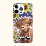 Personlig Solros Highland Cow Telefonfodral för iPhone med namn Födelsedagspresent för familj vän