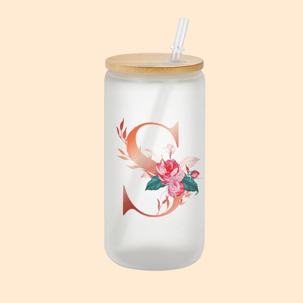 Personalised Floral Initial Frosted Can Glass with Bamboo Lid and Straw Birthday Gifts for Women