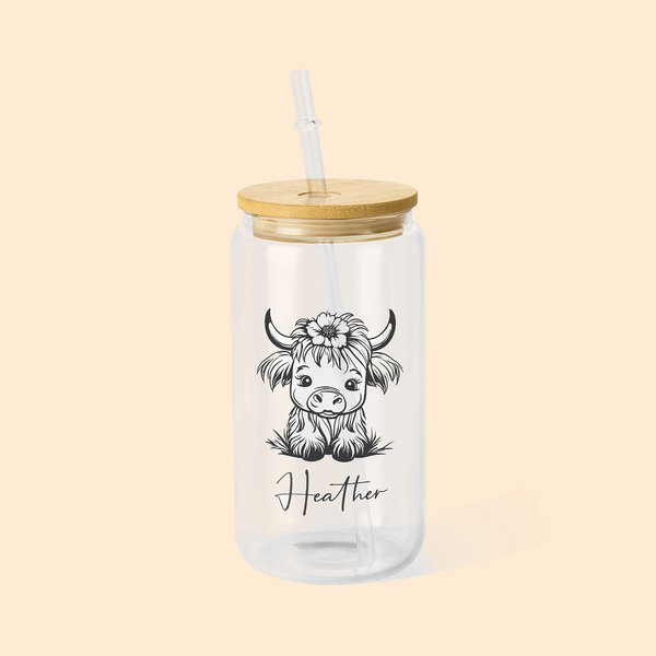 Personalised Highland Cow Clear Can Glass with Name and Straw and Lid Birthday Gift for Highland Cow Lovers