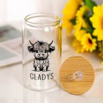Personalized Highland Cow Clear Can Glass with Name and Straw and Lid Birthday Gift for Highland Cow Lovers