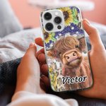 Personlig Solros Highland Cow Telefonfodral för iPhone med namn Födelsedagspresent för familj vän