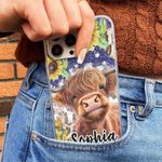 Personlig Solros Highland Cow Telefonfodral för iPhone med namn Födelsedagspresent för familj vän