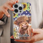 Personlig Solros Highland Cow Telefonfodral för iPhone med namn Födelsedagspresent för familj vän