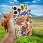 Personlig Solros Highland Cow Telefonfodral för iPhone med namn Födelsedagspresent för familj vän