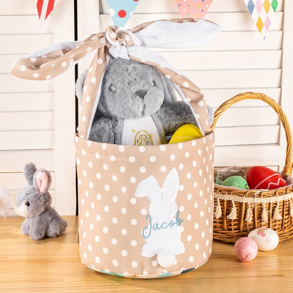 Gepersonaliseerde schattige lange Bunny Paasmand speelgoed organisator met geborduurde naam paaseieren jacht cadeau voor kinderen