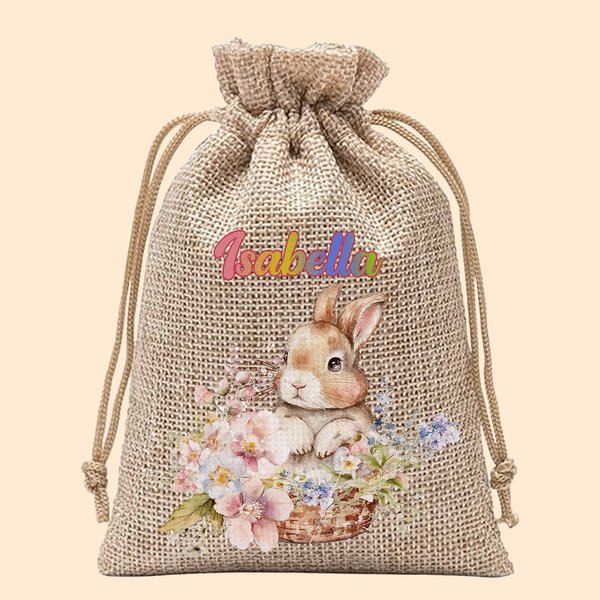 Conejito personalizado con flores en la mano Bolsa de arpillera con nombre Regalo de Pascua para niños