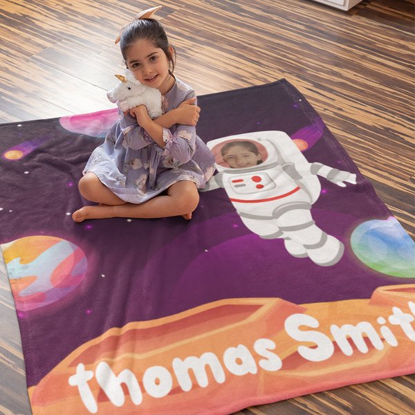 Personalised Planet Galaxy Fleece Blanket with Astronaut Avatar Universe Theme Home Decoration Birthday Gift for Kids Space Fans