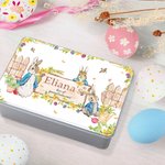 Lata de galletas de metal con texto Peter Rabbit Garden personalizada para regalo de Pascua para niños amigos