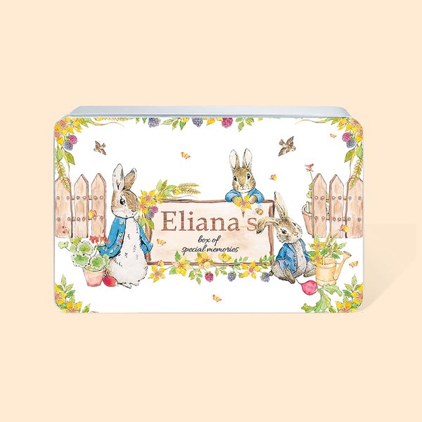Lata de galletas de metal con texto Peter Rabbit Garden personalizada para regalo de Pascua para niños amigos