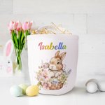 Bolsa grande de lona para caramelos con nombre, personalizada y con diseño de flores de conejito, regalo de Pascua para niños