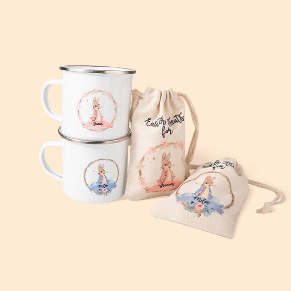 Mug Émaillé Personnalisé avec Nom Tasse à Motif de Lapin Pierre ou Flopsaut Cadeau Anniversaire Pâques pour Enfant Ami