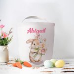Bolsa grande de lona para caramelos con nombre, personalizada y con diseño de flores de conejito, regalo de Pascua para niños