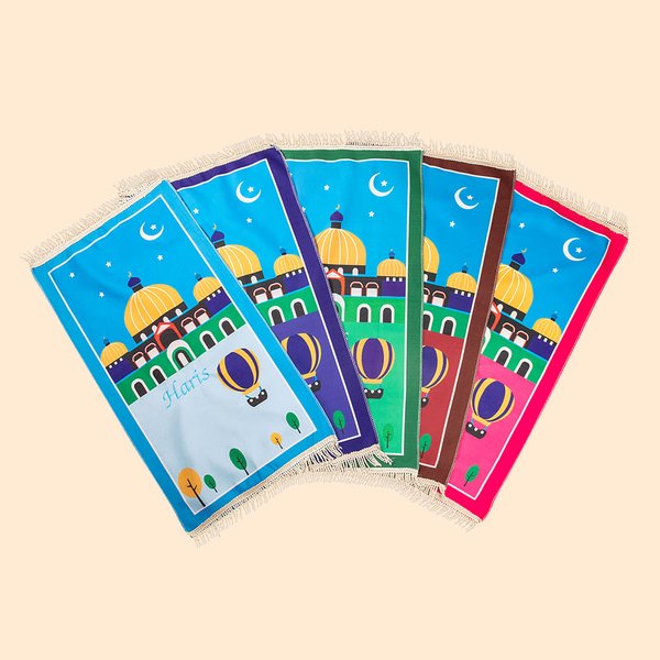 Personalised Mosque Kid Prayer Mat Tasbeeh Beads and Bear Charm Set with Name Muslim Sejadah Janamaz Islamic Eid ul-Fitr Gift for Children