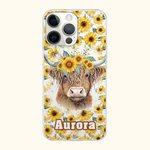 Personalized Sunflower Highland Cow iPhone Case with Name Birthday Gift for Highland Cow Lovers